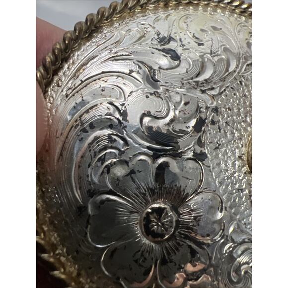 Silver Plated “END OF THE TRAIL” Indian Art Southwestern Belt Buckle Tooled Belt - Picture 3 of 11